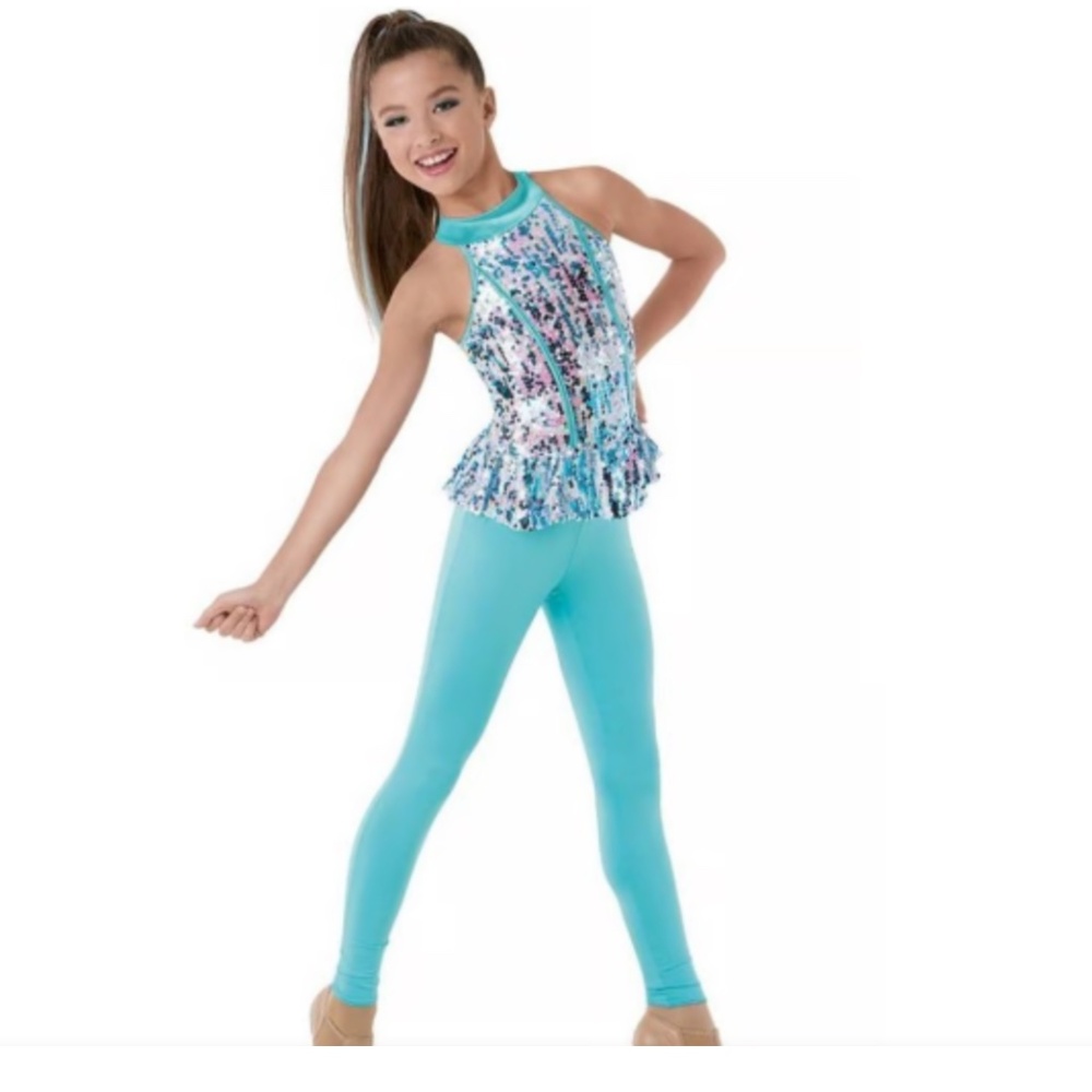 Be-a-u-ti-ful!!! One piece top and pants dance costume mainly teal with sparkles